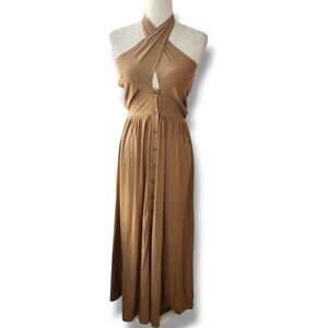 Rusty Dusty Maxi Halter Dress M Tan Camel Flowy Festival Western NWT Cleangirl